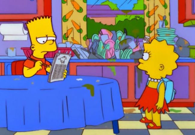 Lisa schimpft mit Bart, weil er nicht den Abwasch erledigt.