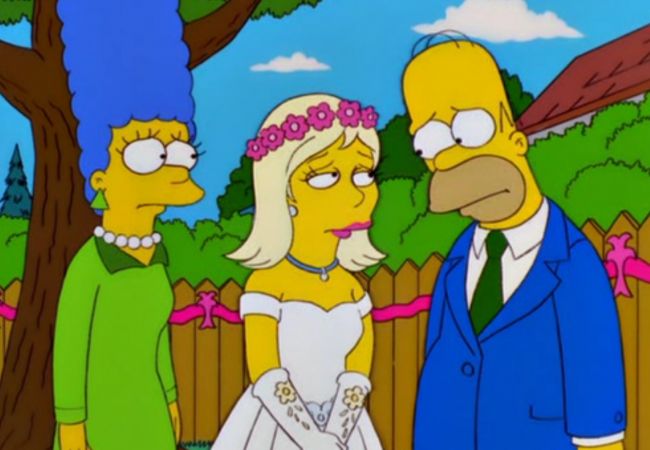Marge, Homer und Becky auf deren Hochzeit