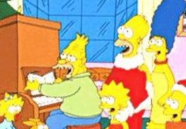 Die Simpsons singen Weihnachtslieder. Grampa sitzt am Klavier.